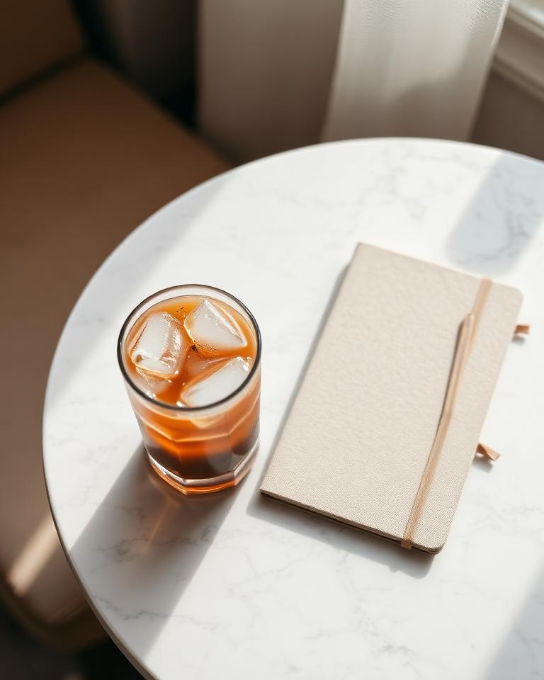 Eiskaffee und Notizbuch auf Marmortisch