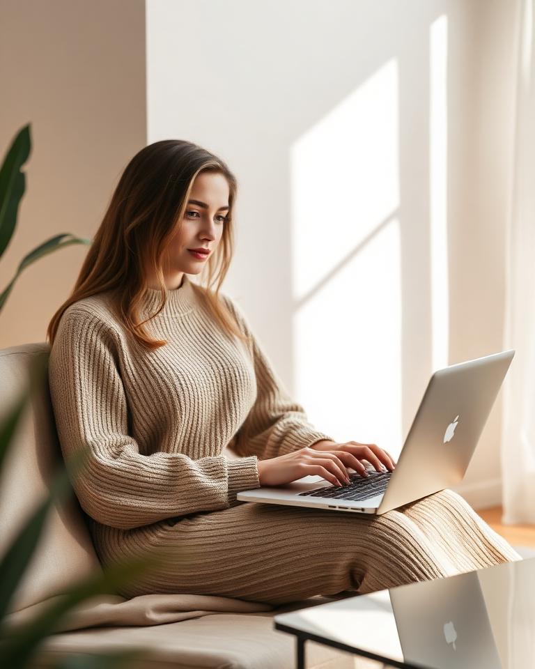 Frau am Laptop in hellem Apartment